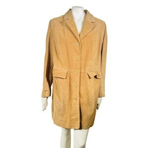 Vintage Y2K Style & Co Tan Suede Leather Trench‎ Coat Button Front Pockets 18W